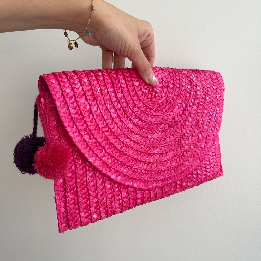 Shiraleah Pink Woven Clutch with Pom Poms